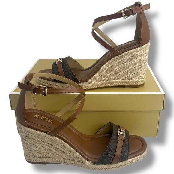 Michael Kors Logo Wedges Size 9 Mandy Strappy Brown Espadrille Ankle Strap EUC - Picture 2 of 15
